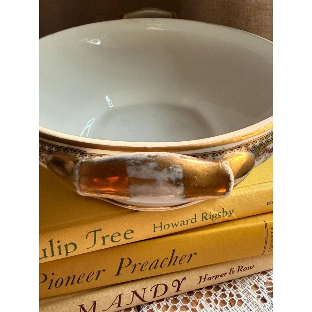 Antique T&V Limoges Serving Bowl: Lille Pattern Pink Roses, Gilt Handles